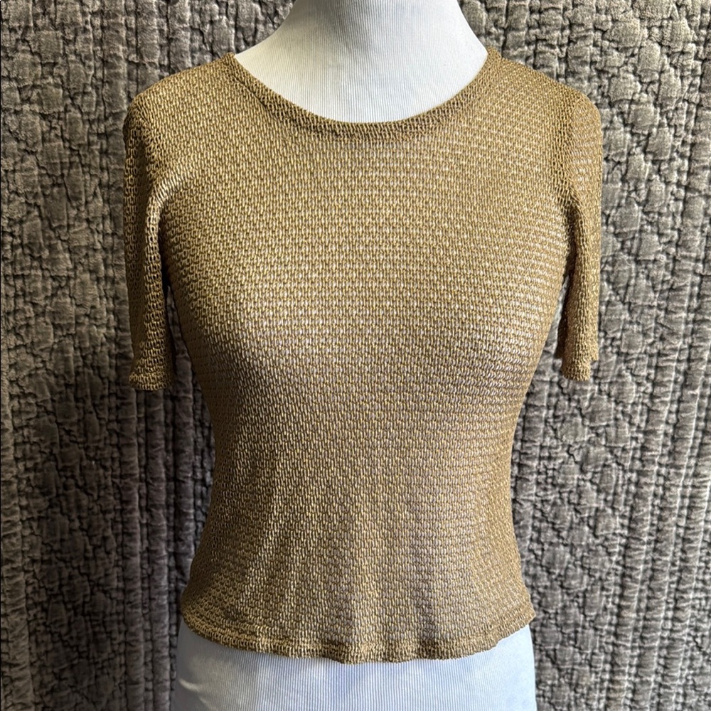 Tan and Gold Ribbed Cap Sleeve Fitted Mesh Blouse